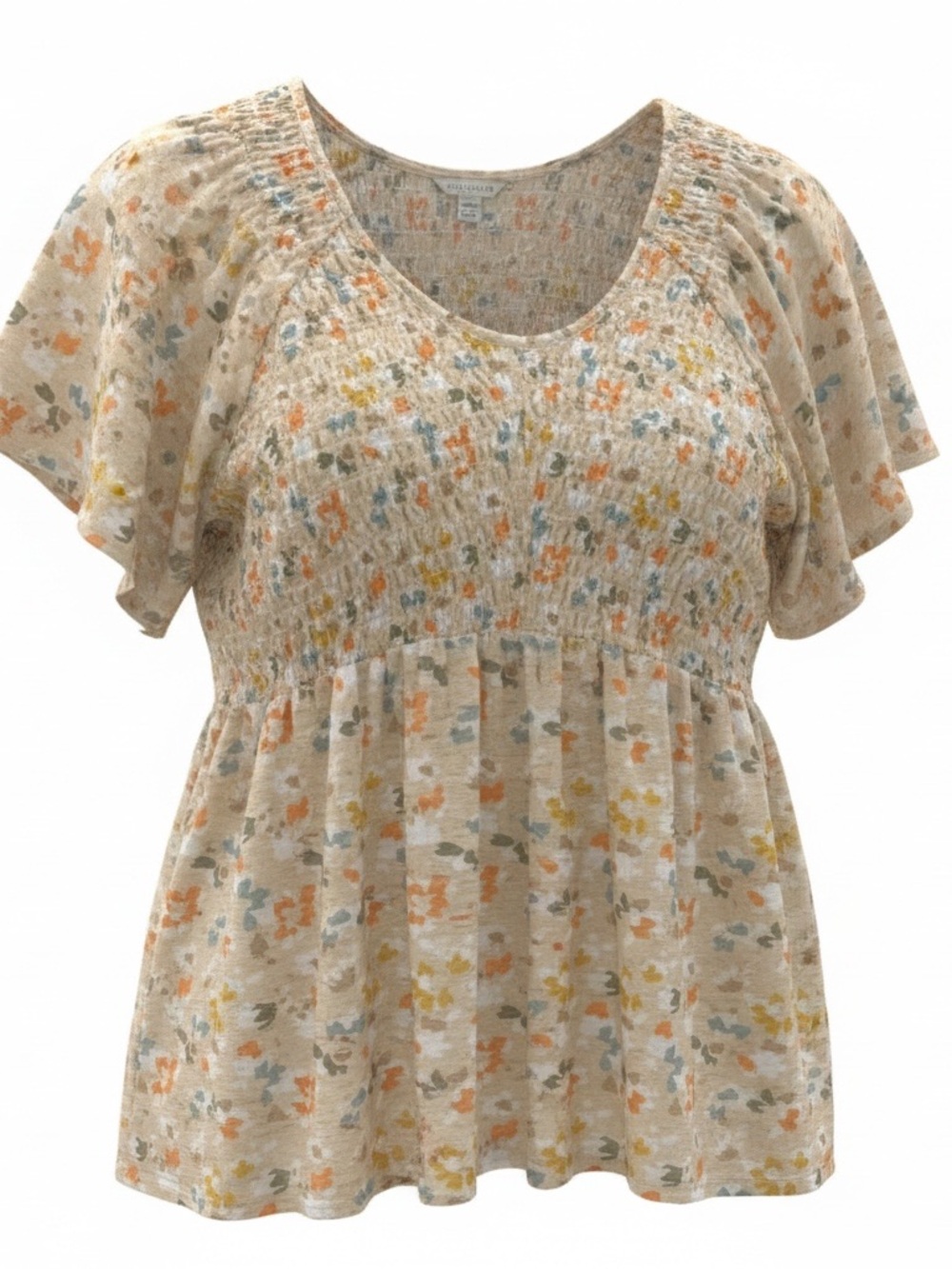 Cato Beige Floral Smocked V-Neck Flutter Sleeve Tunic